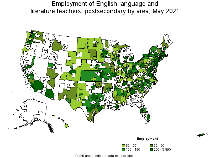 Map of employment of english language and literature teachers, postsecondary by area, May 2021