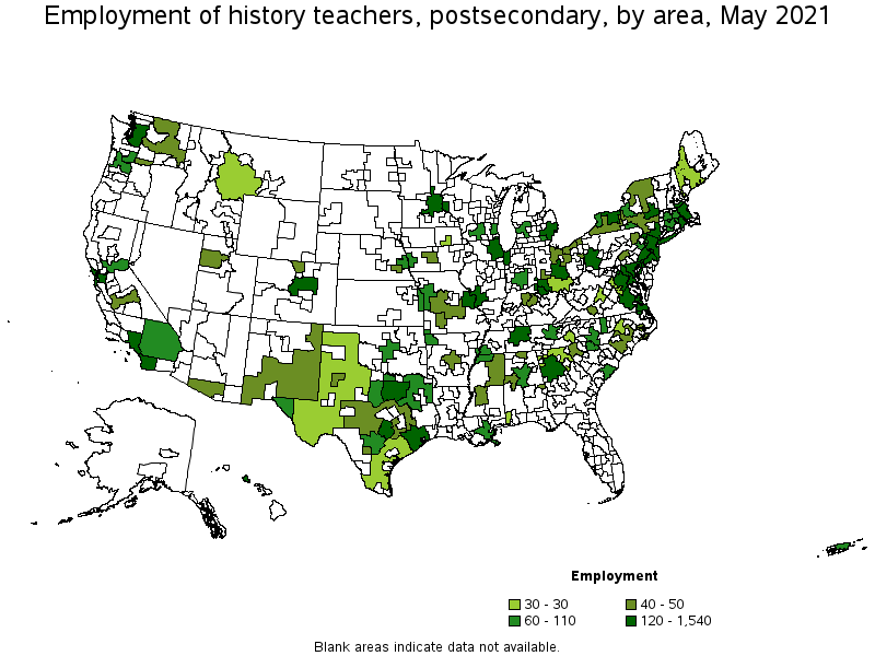 Map of employment of history teachers, postsecondary by area, May 2021