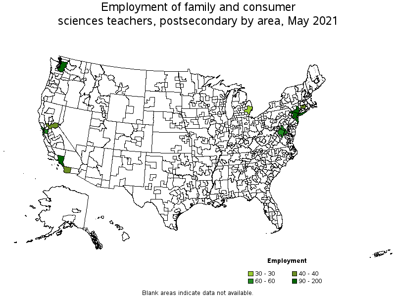 Map of employment of family and consumer sciences teachers, postsecondary by area, May 2021