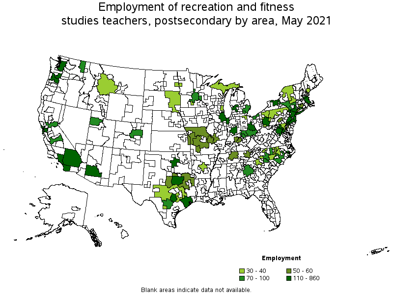 Map of employment of recreation and fitness studies teachers, postsecondary by area, May 2021