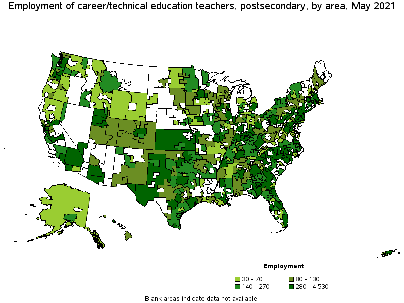 Map of employment of career/technical education teachers, postsecondary by area, May 2021
