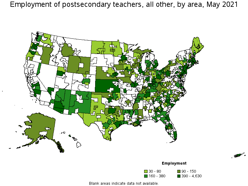 Map of employment of postsecondary teachers, all other by area, May 2021