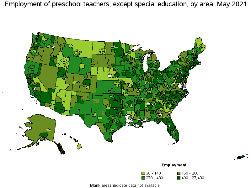 Map of employment of preschool teachers, except special education by area, May 2021