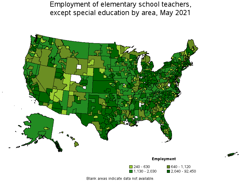 Map of employment of elementary school teachers, except special education by area, May 2021