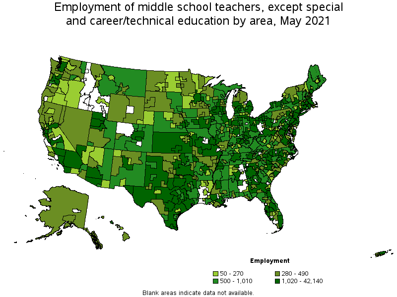 Map of employment of middle school teachers, except special and career/technical education by area, May 2021