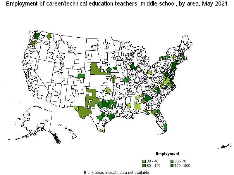 Map of employment of career/technical education teachers, middle school by area, May 2021
