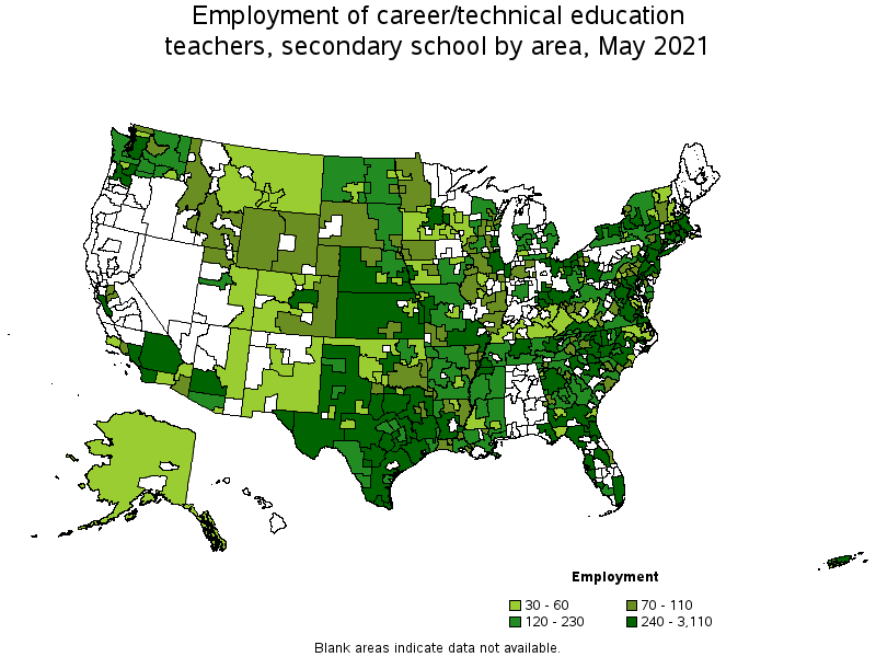 Map of employment of career/technical education teachers, secondary school by area, May 2021