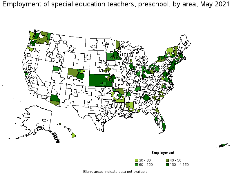 Map of employment of special education teachers, preschool by area, May 2021