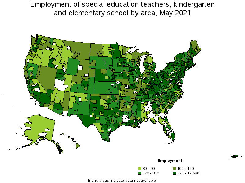 Map of employment of special education teachers, kindergarten and elementary school by area, May 2021