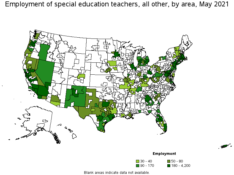 Map of employment of special education teachers, all other by area, May 2021