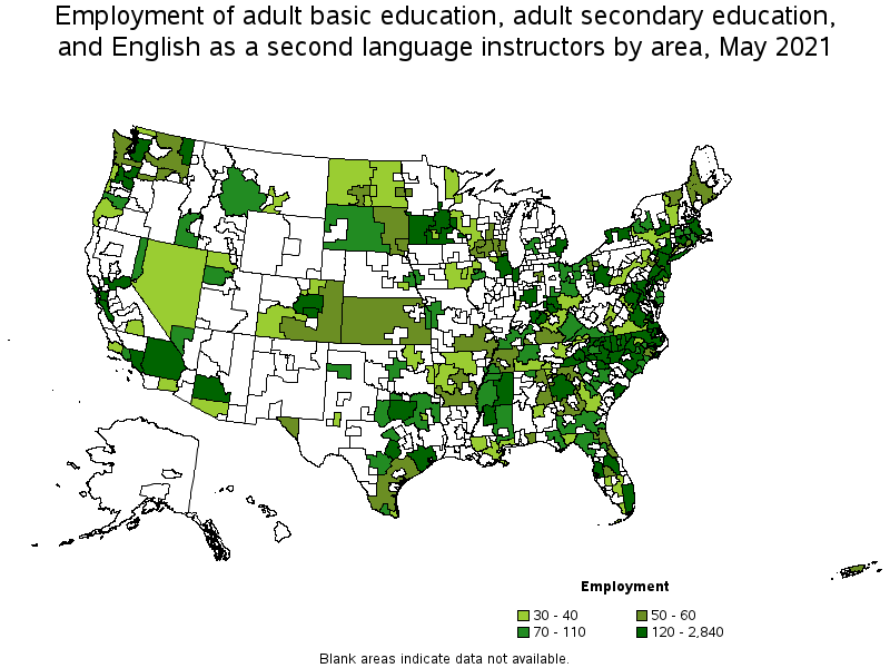 Map of employment of adult basic education, adult secondary education, and english as a second language instructors by area, May 2021