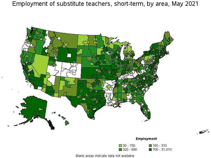 Map of employment of substitute teachers, short-term by area, May 2021