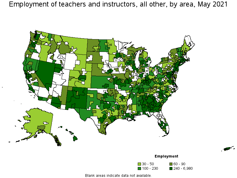 Map of employment of teachers and instructors, all other by area, May 2021