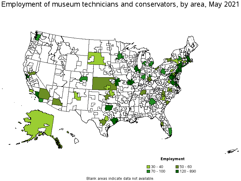 Map of employment of museum technicians and conservators by area, May 2021