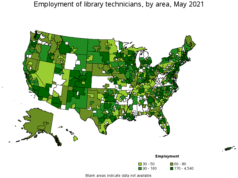 Map of employment of library technicians by area, May 2021