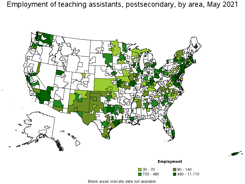 Map of employment of teaching assistants, postsecondary by area, May 2021