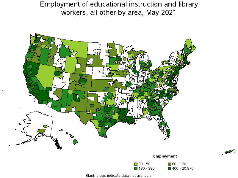 Map of employment of educational instruction and library workers, all other by area, May 2021