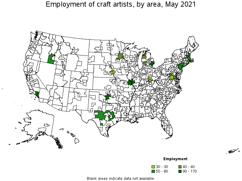 Map of employment of craft artists by area, May 2021