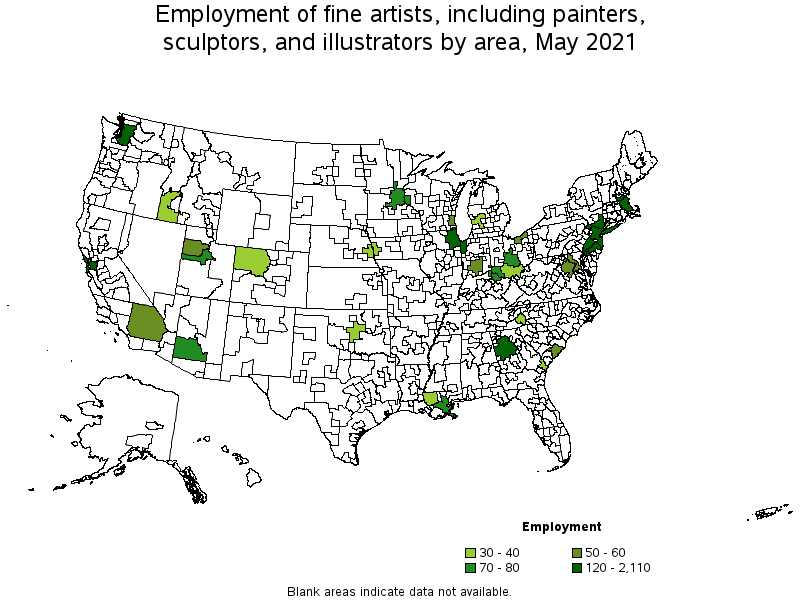 Map of employment of fine artists, including painters, sculptors, and illustrators by area, May 2021