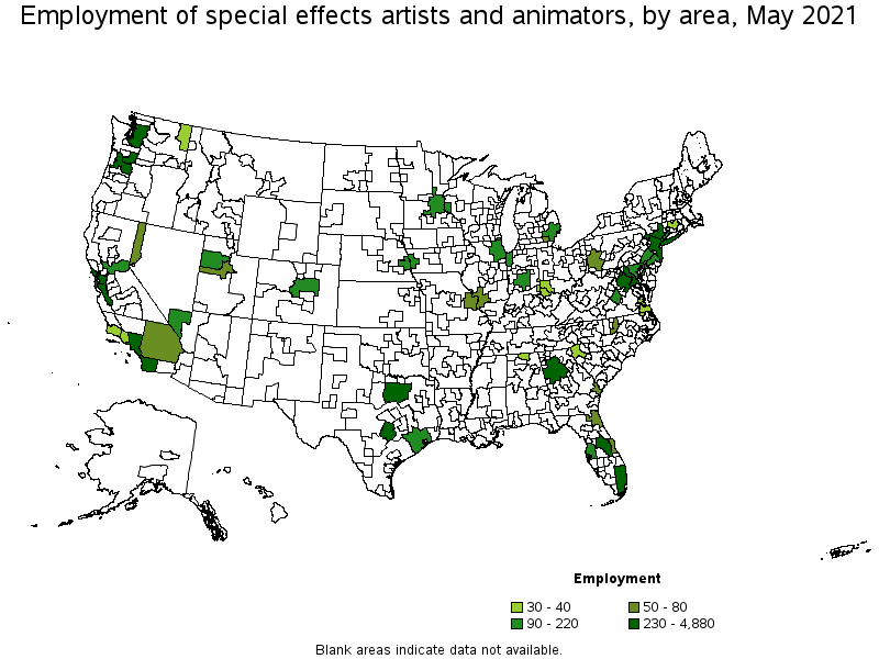 Map of employment of special effects artists and animators by area, May 2021