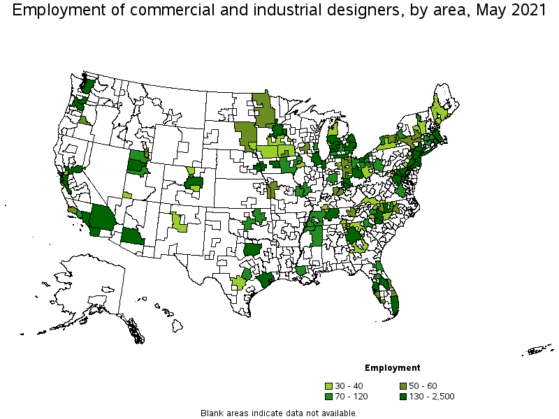 Map of employment of commercial and industrial designers by area, May 2021