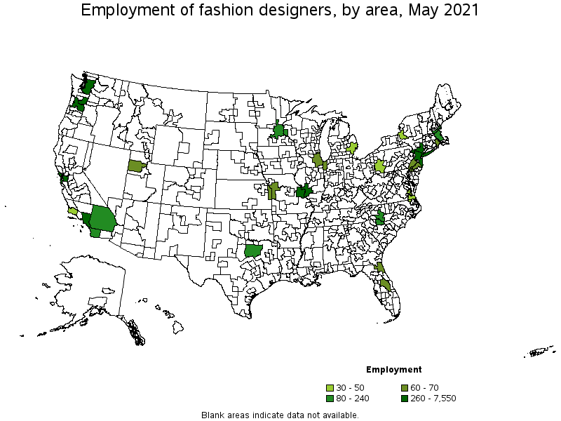 Map of employment of fashion designers by area, May 2021