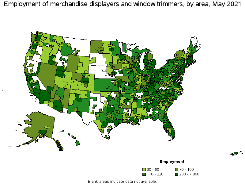 Map of employment of merchandise displayers and window trimmers by area, May 2021