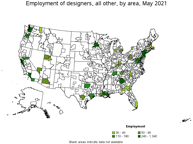 Map of employment of designers, all other by area, May 2021