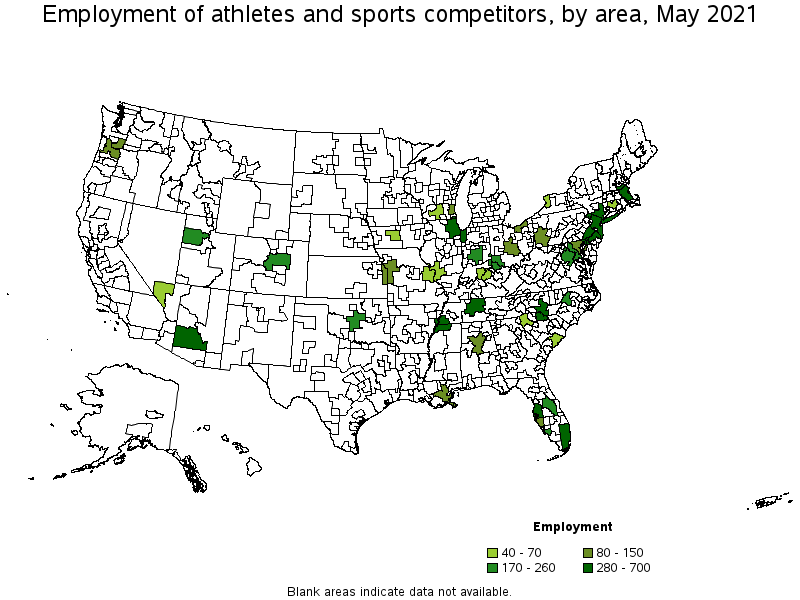 Map of employment of athletes and sports competitors by area, May 2021
