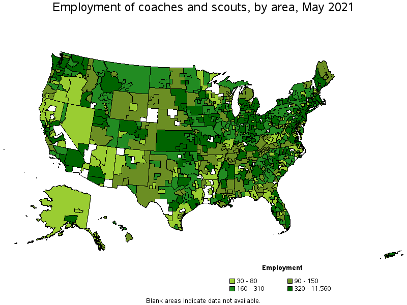 Map of employment of coaches and scouts by area, May 2021
