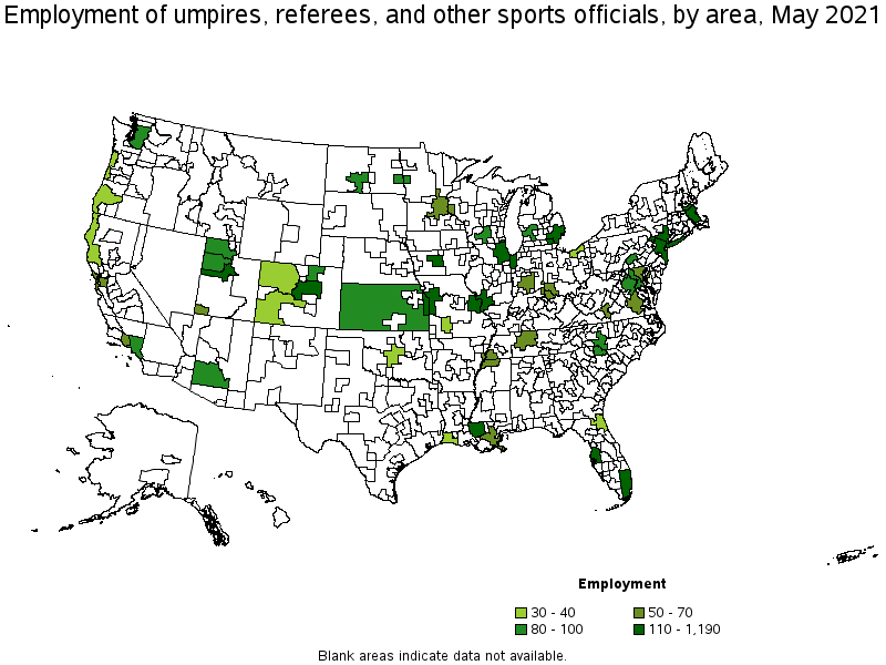 Map of employment of umpires, referees, and other sports officials by area, May 2021