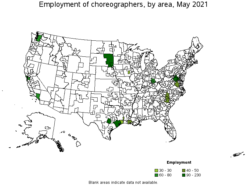 Map of employment of choreographers by area, May 2021