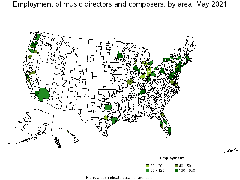 Map of employment of music directors and composers by area, May 2021