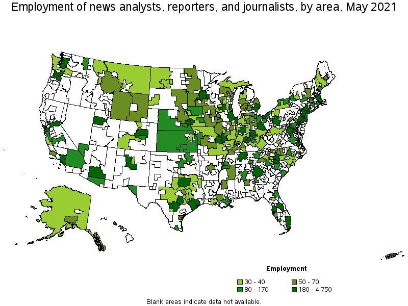 Map of employment of news analysts, reporters, and journalists by area, May 2021