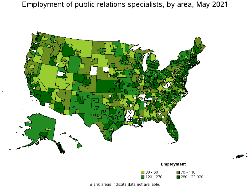 Map of employment of public relations specialists by area, May 2021