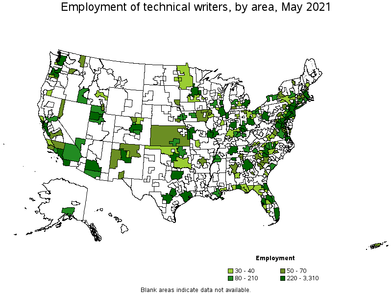 Map of employment of technical writers by area, May 2021
