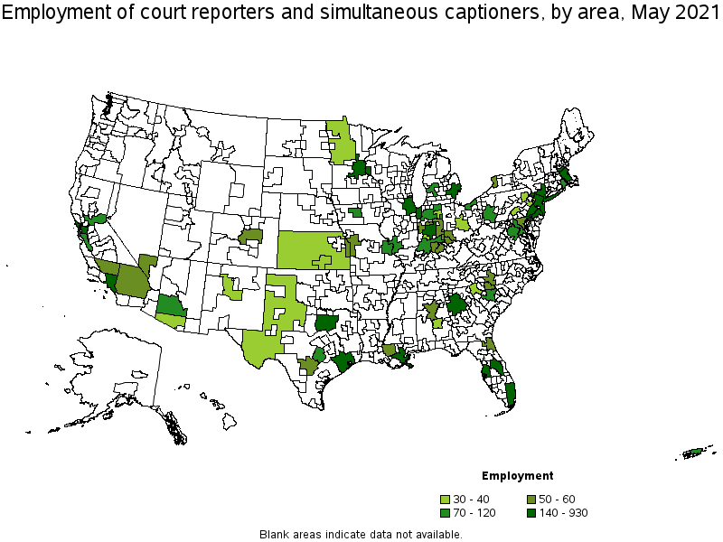 Map of employment of court reporters and simultaneous captioners by area, May 2021