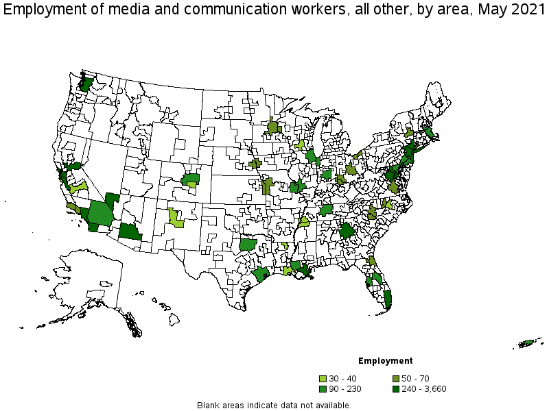 Map of employment of media and communication workers, all other by area, May 2021