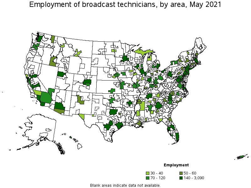 Map of employment of broadcast technicians by area, May 2021