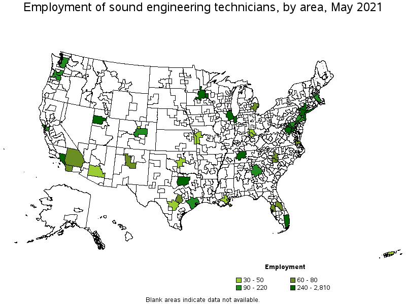 Map of employment of sound engineering technicians by area, May 2021