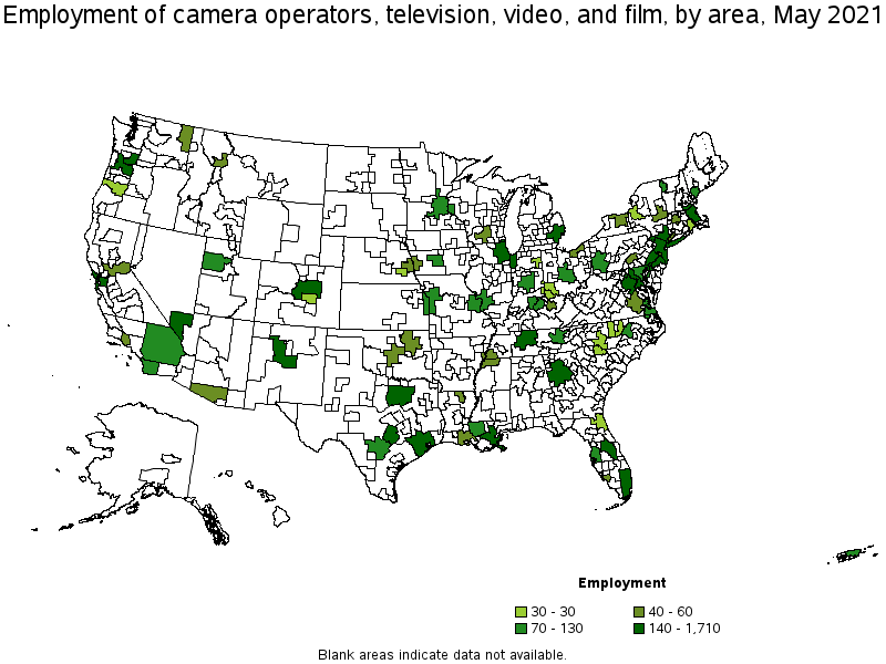 Map of employment of camera operators, television, video, and film by area, May 2021