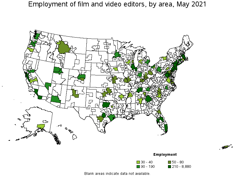 Map of employment of film and video editors by area, May 2021