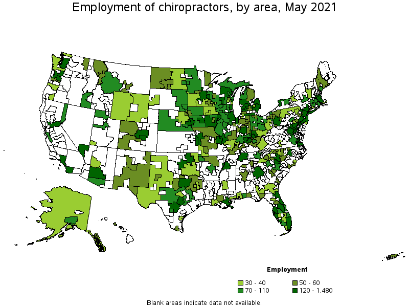 Map of employment of chiropractors by area, May 2021