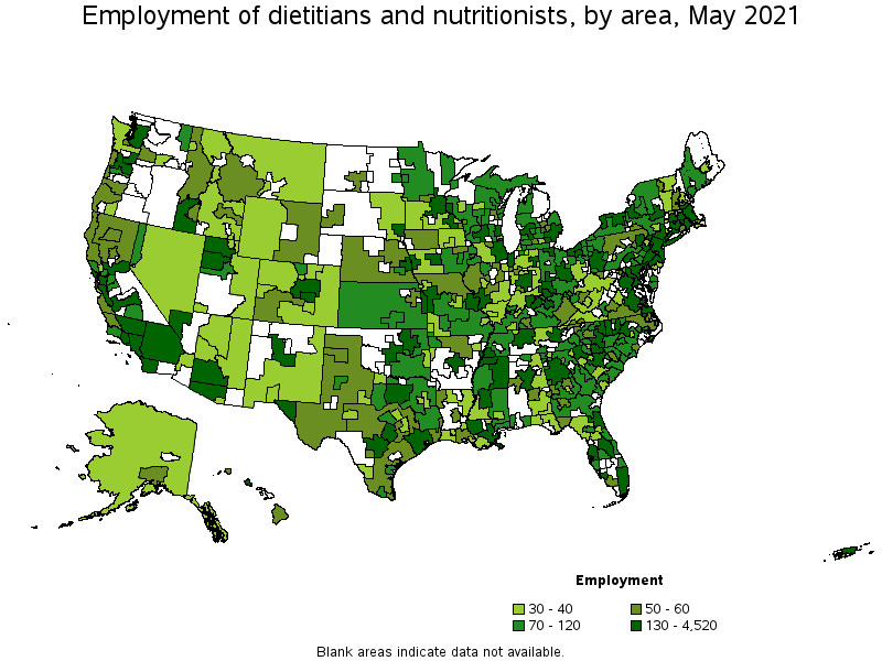 Map of employment of dietitians and nutritionists by area, May 2021