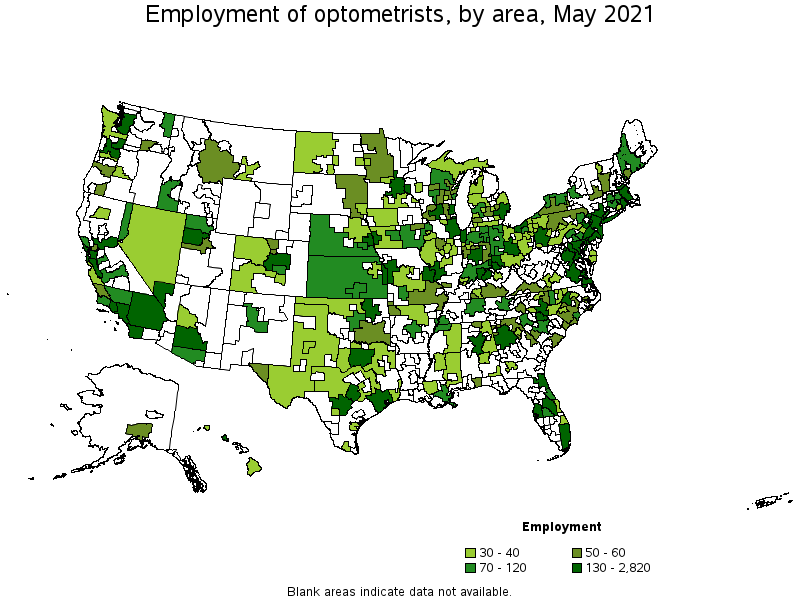 Map of employment of optometrists by area, May 2021