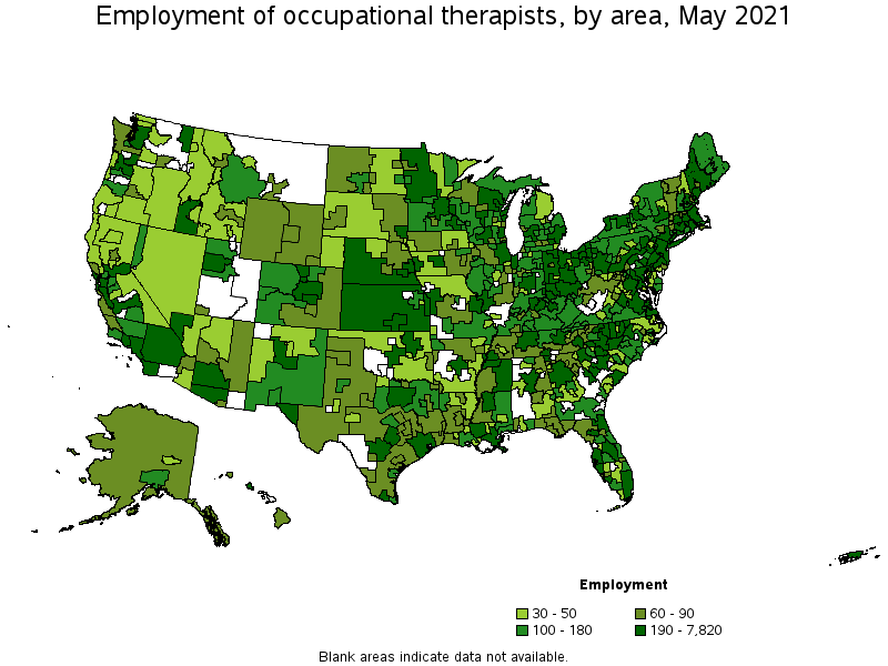 Map of employment of occupational therapists by area, May 2021