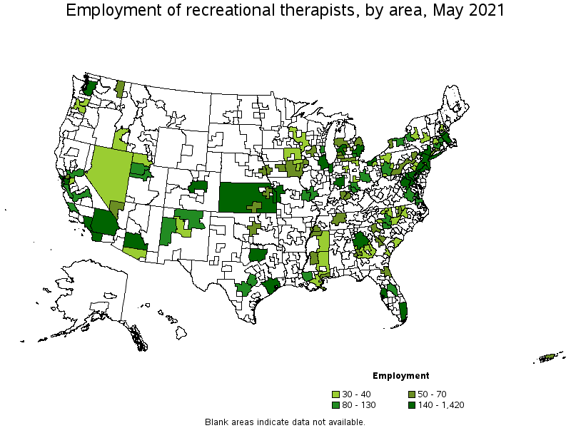 Map of employment of recreational therapists by area, May 2021