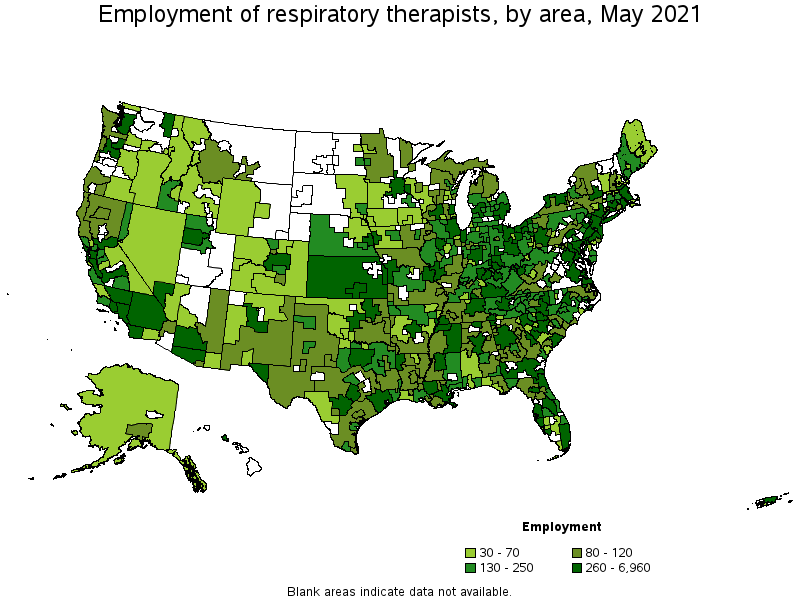 Map of employment of respiratory therapists by area, May 2021