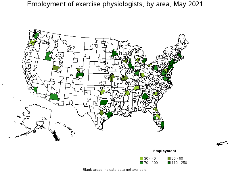 Map of employment of exercise physiologists by area, May 2021