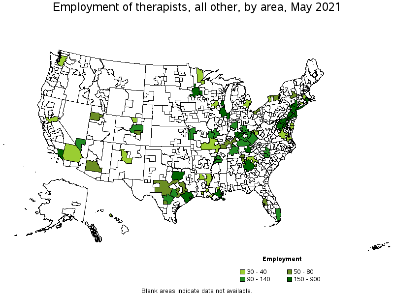 Map of employment of therapists, all other by area, May 2021